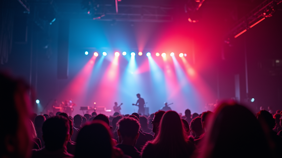 Eye-level view of a vibrant concert stage with colorful lights