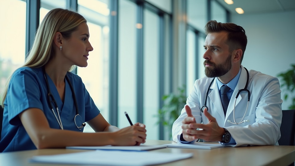Eye-level view of a healthcare consultant discussing strategies with a healthcare leader