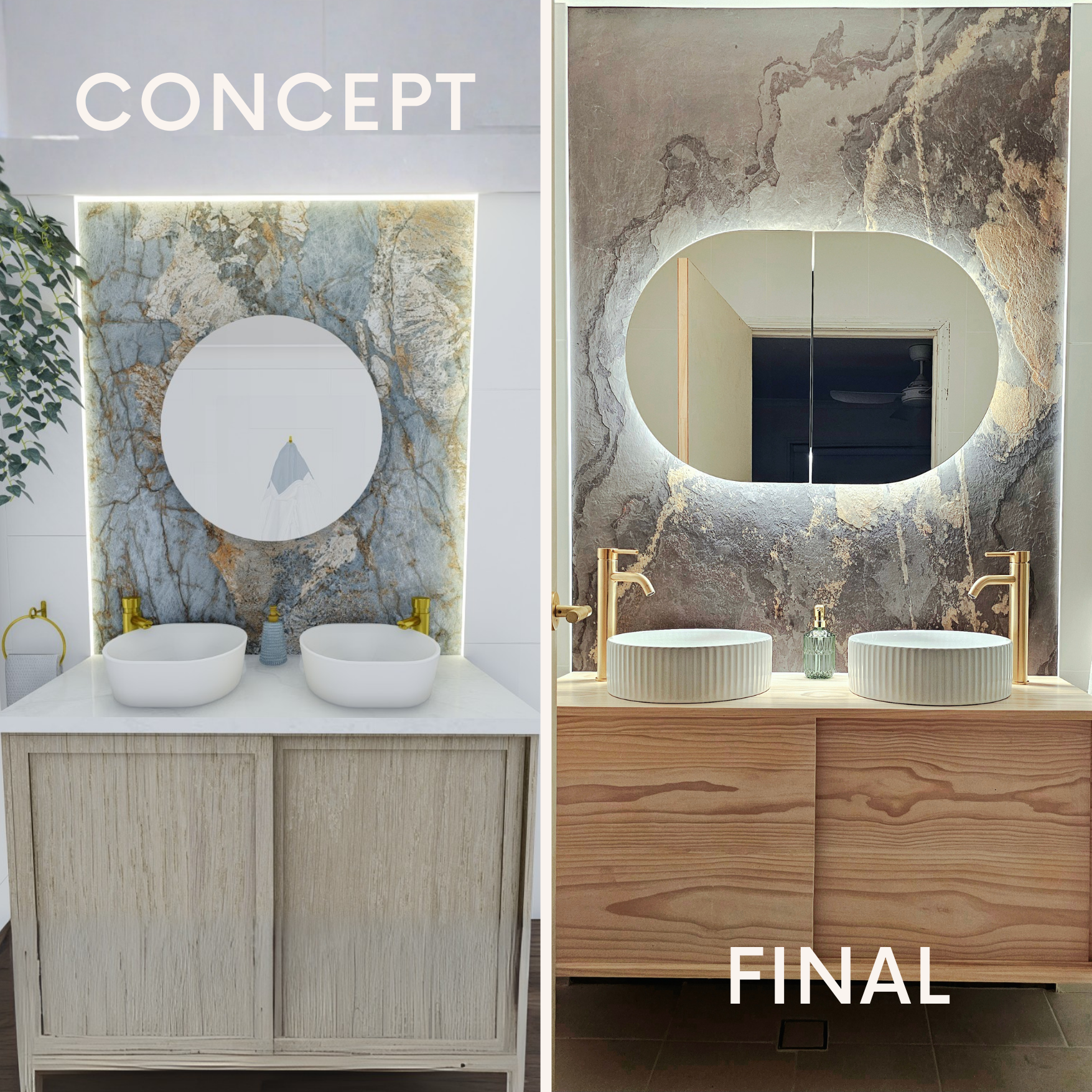 Bathroom vanity, concept and completed, Renovation
