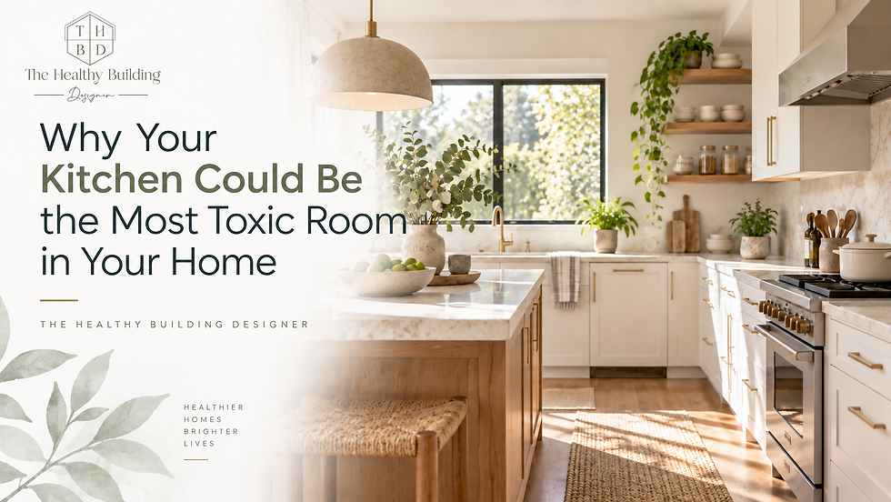 A bright low tox kitchen with natural timber, stone benchtops, plants and warm daylight.