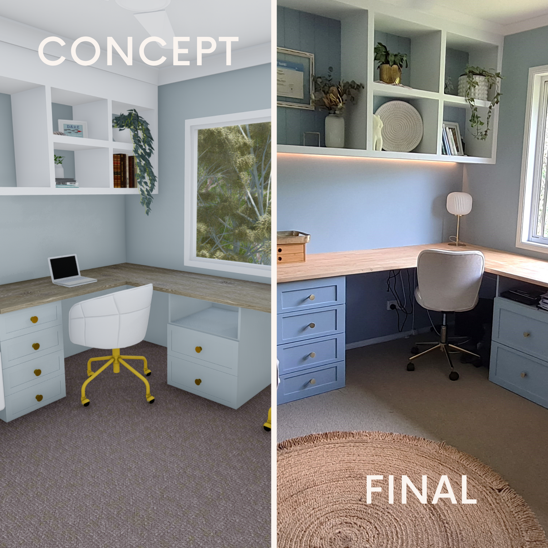 Study nook, concept and completed, Renovation