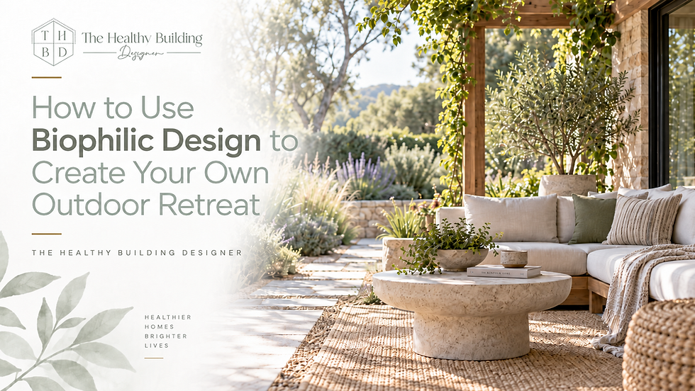 A biophilic outdoor living area with natural stone, timber, greenery and soft seating.