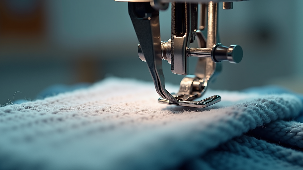 Eye-level view of a knitting machine needle bed with yarn tensioner
