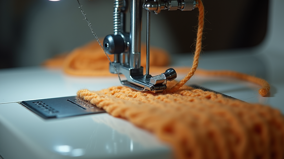 Close-up view of a knitting machine needle bed with yarn threaded