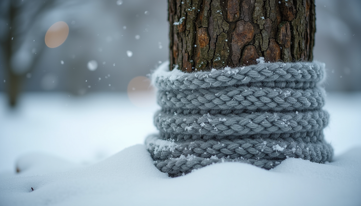 High angle view of knitted tree wrap protecting a young tree trunk