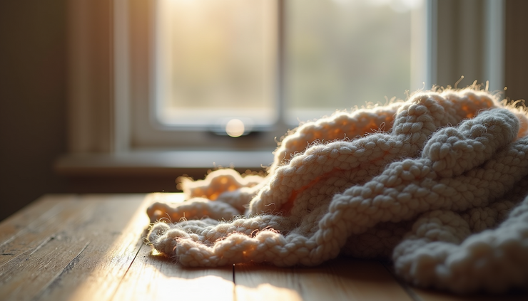 Eye-level view of a cozy knitted scarf resting on a wooden table near a window with soft natural light