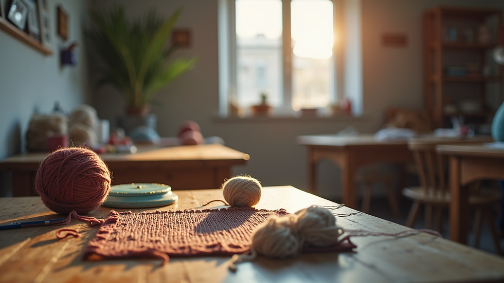 Eye-level view of a knitting workshop room with yarn and needles on tables