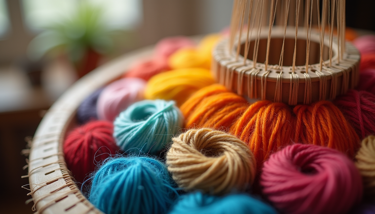 Close-up view of colorful yarn loops on a circular knitting loom