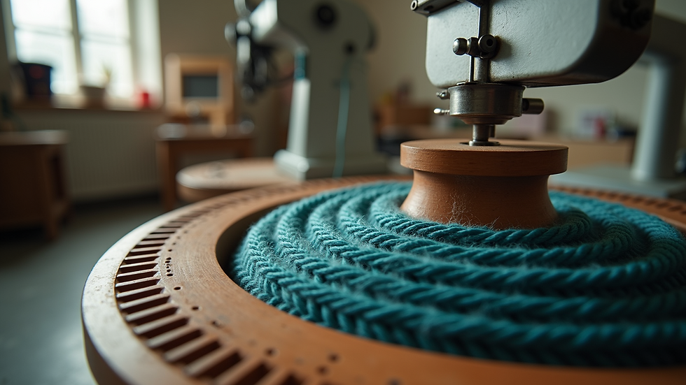 Eye-level view of a circular knitting machine in a crafting room