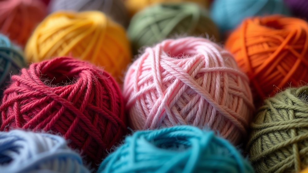 Close-up view of colourful yarn balls arranged neatly