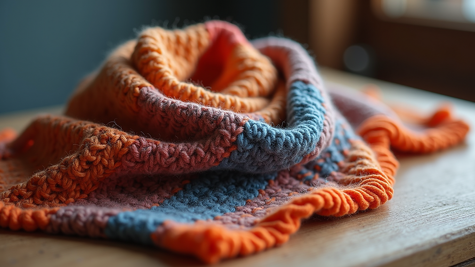 Close-up view of a colorful knitted scarf on a wooden table