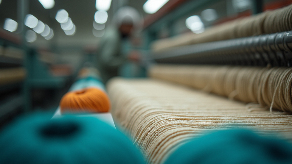 Close-up view of a flatbed knitting machine with yarn loaded