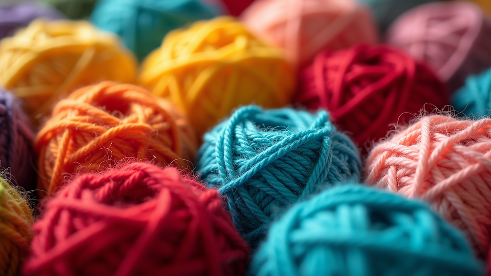 Close-up view of colourful yarn balls arranged in a creative pattern