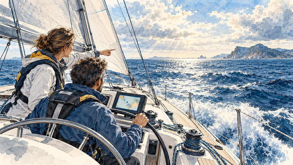 Deux équipiers comparent les informations d’un écran de navigation avec l’horizon depuis le cockpit d’un voilier.