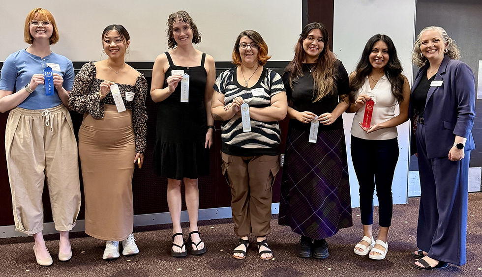 PhD candidate Jynx Weaver (far left) is holding her blue, first-place ribbon awarded for her poster in the ASU ISSR Spring 2026 Graduate Poster Competition.