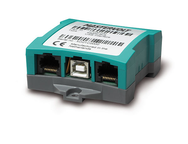 Mastervolt MasterBus USB Interface advanced network adapter for seamless integration and configuration of Mastervolt products within MasterBus or CZone networks, connects to Windows PCs via USB, supports live system monitoring and configuration with MasterAdjust software, features plug-and-play installation, galvanic isolation for safety, IP21 protection, compact 66x78x32mm size, supplied with USB cable, MasterBus cable and terminator, ideal for marine and industrial power management applications