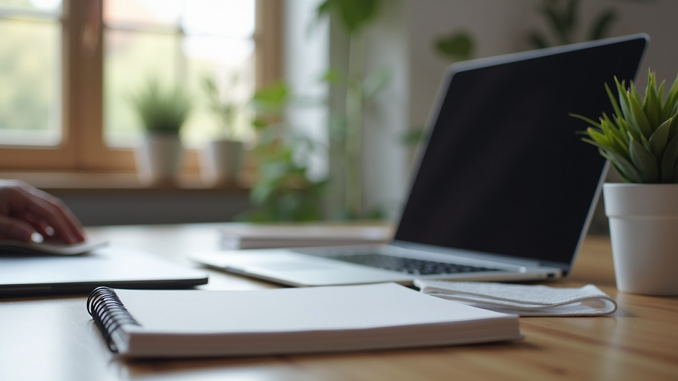 Eye-level view of a tidy workspace with a laptop and notebook