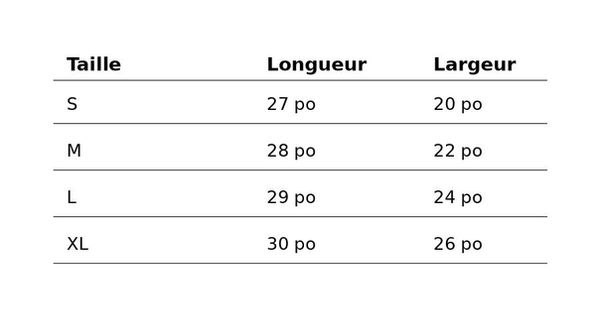 Guide des tailles chandail à capuche doux avec mesures poitrine et longueur