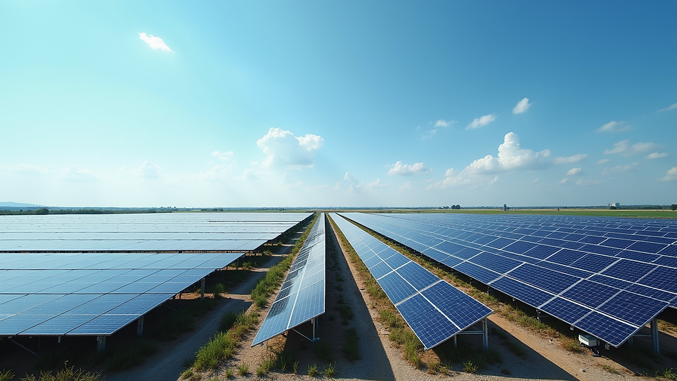 High angle view of a solar farm under a clear blue sky