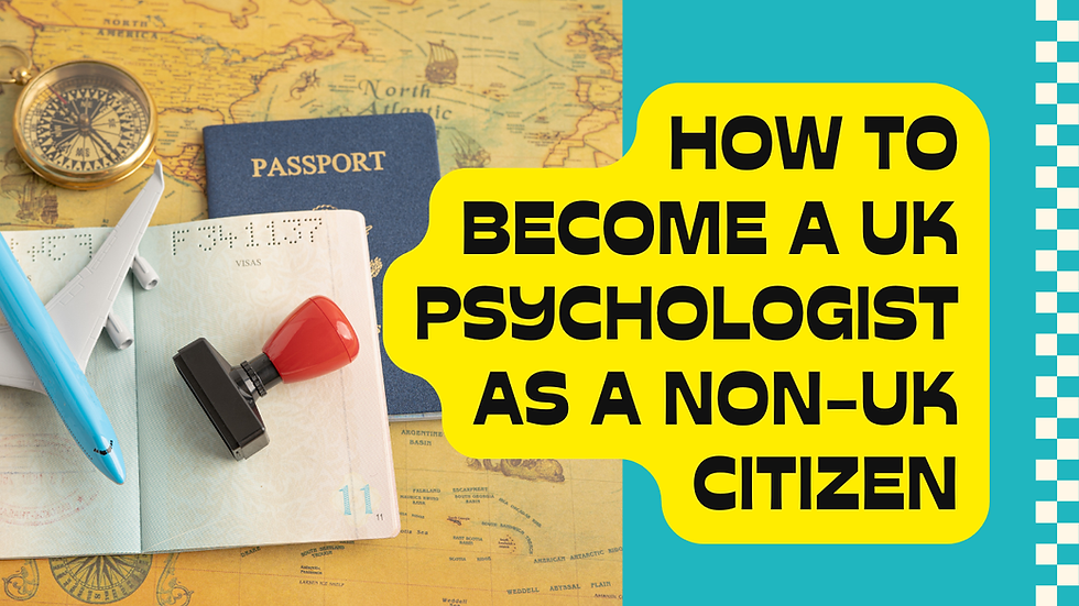 The words: How to become a UK psychologist as a non-UK citizen with a picture of a passsport and a plane