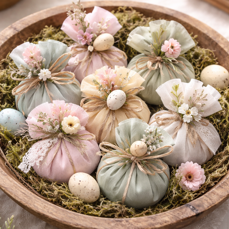 Rustic wooden bowl filled with pastel fabric spring puffs decorated with twine, tiny flowers, and speckled eggs, arranged in moss for an Easter centerpiece on a neutral linen surface.