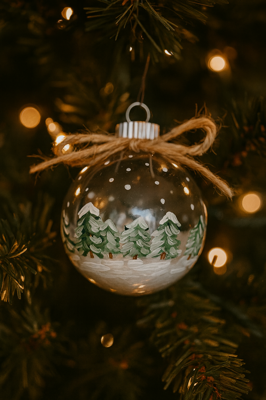 Hand-Painted Christmas Ornament – Snowy Pine Landscape, Cottagecore Decor