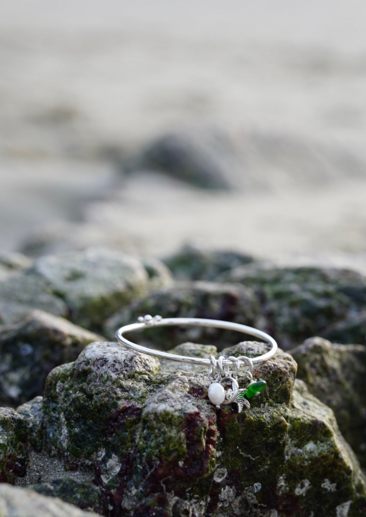 Sterling Silver Bangle bracelet blue and seaglass