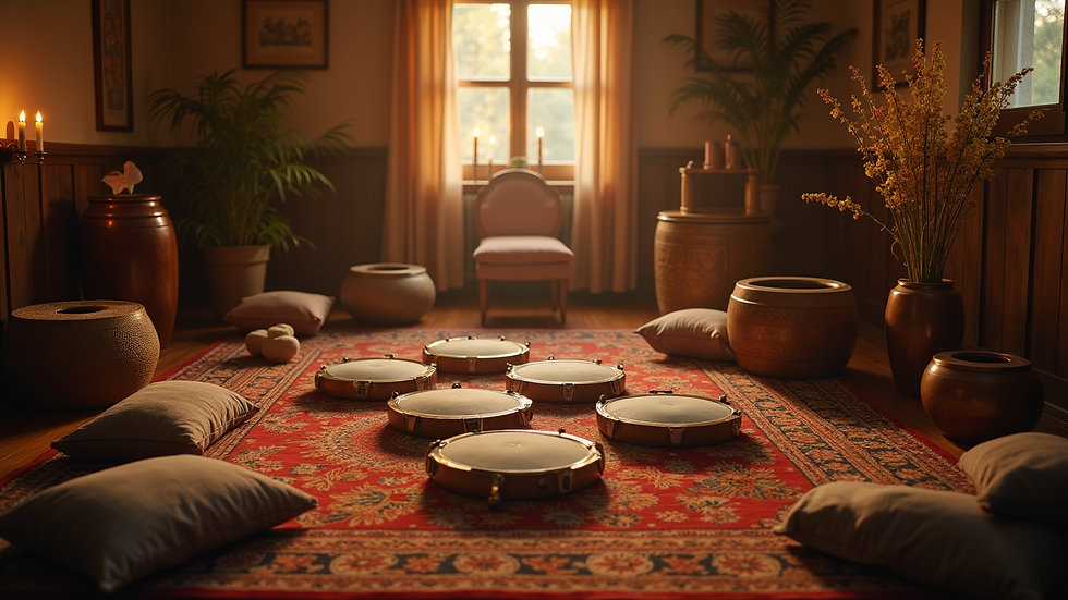 High angle view of sound healing workshop with various instruments