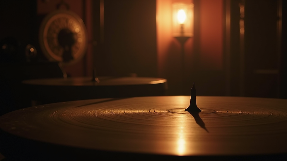 Close-up view of a gong being played in a dimly lit room