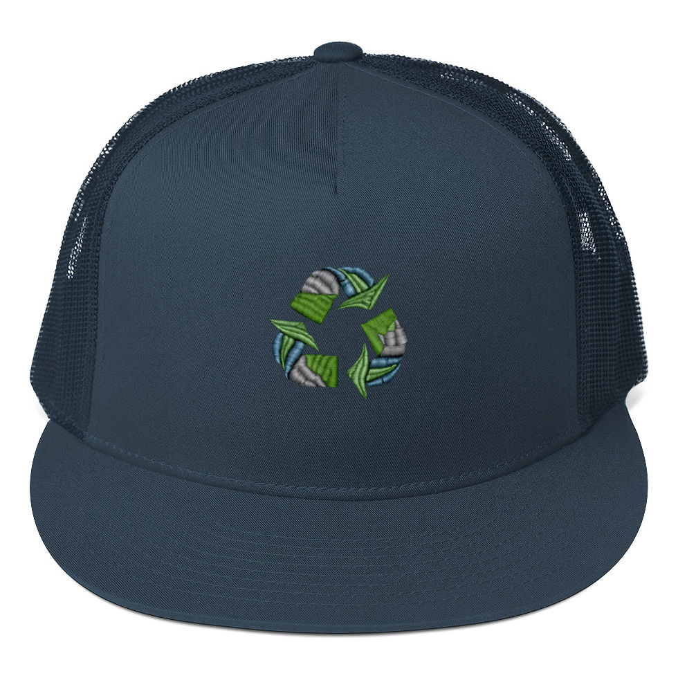 Thumbnail: Dark blue trucker hat featuring the recycling symbol emblem on Thinking Cap Co.