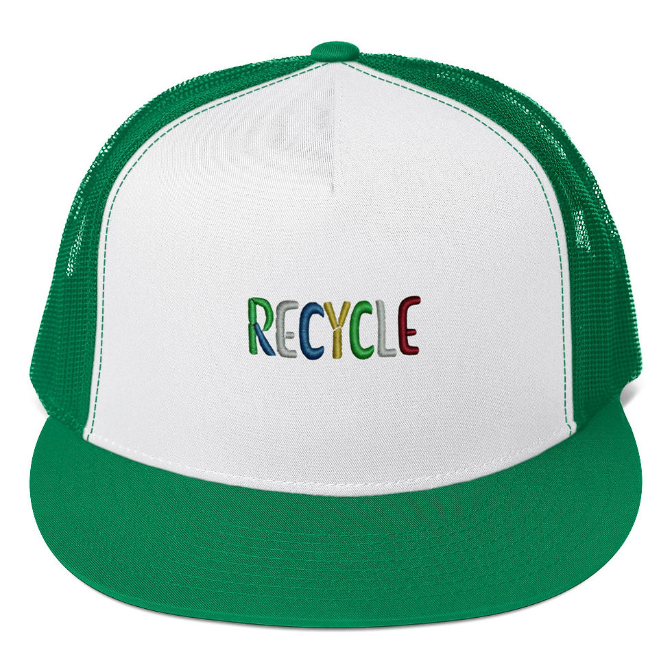 Thumbnail: Green and white hat with the colorful word "RECYCLE" embroidered on it.