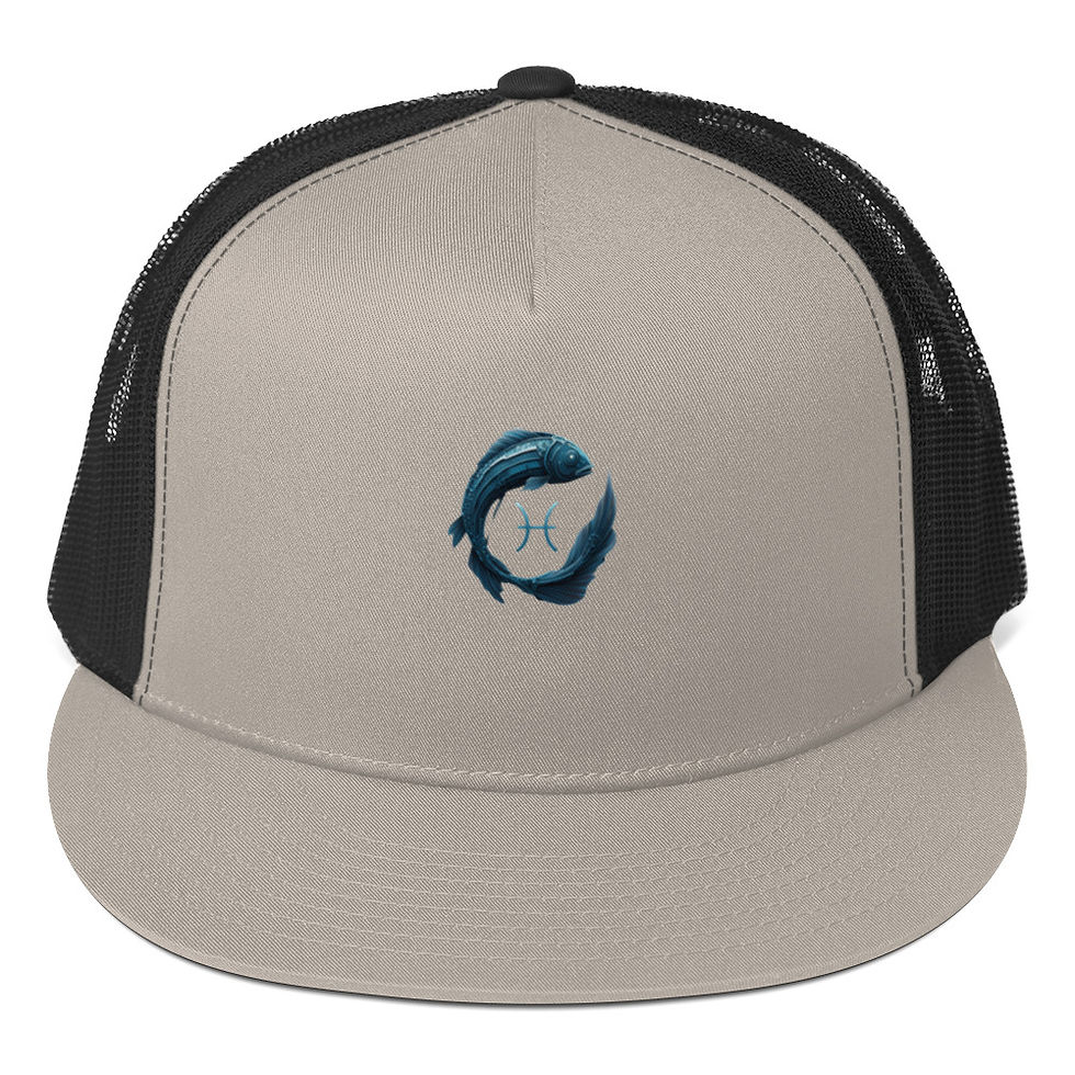 Thumbnail: Hat with Pisces symbol, a black and beige cap Thinking Cap Co.