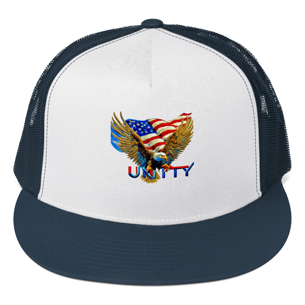 Patriotic hat with American Flag and eagle graphic. The word UNITY is shown. 