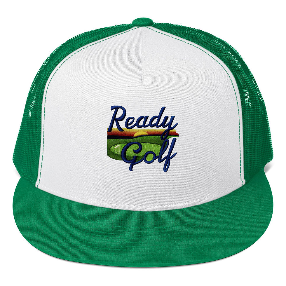 Thumbnail: Green and white Ready Golf cap with golf course scene and sunset.