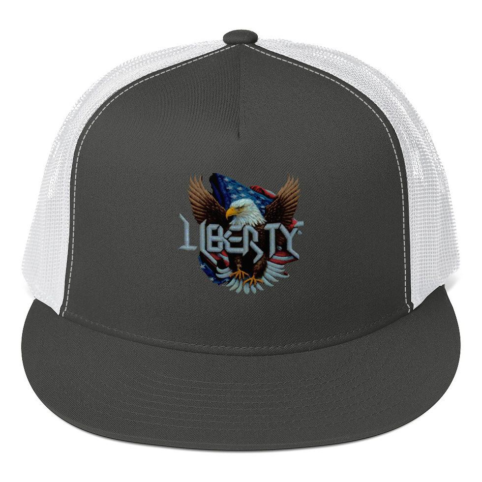 Thumbnail: Grey and white trucker hat with eagle and "LIBERTY" text.