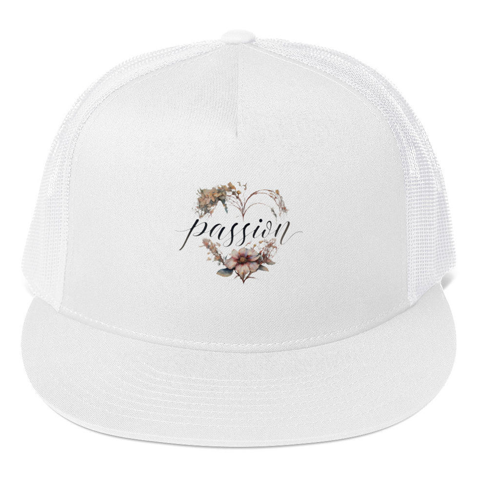 Thumbnail: White cap with floral heart design and the word passion displayed on it.