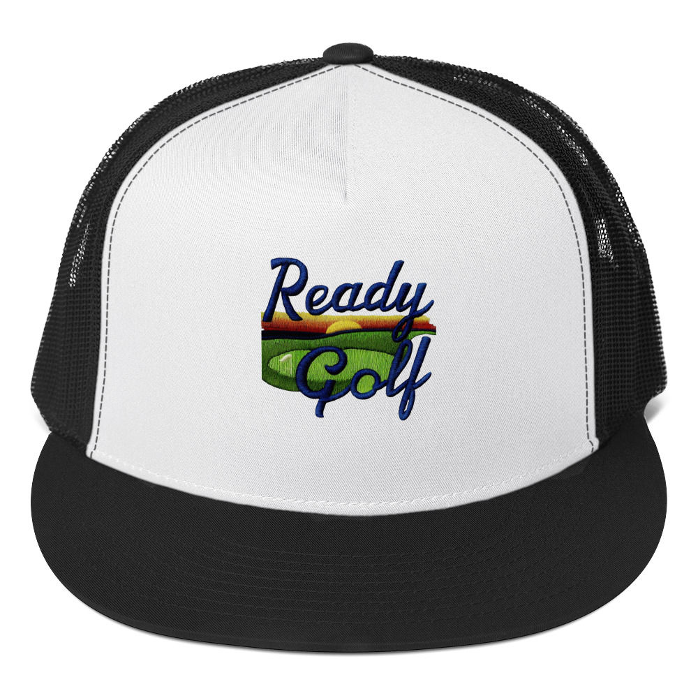 Ready Golf hat with a golf course design and black and white color scheme.