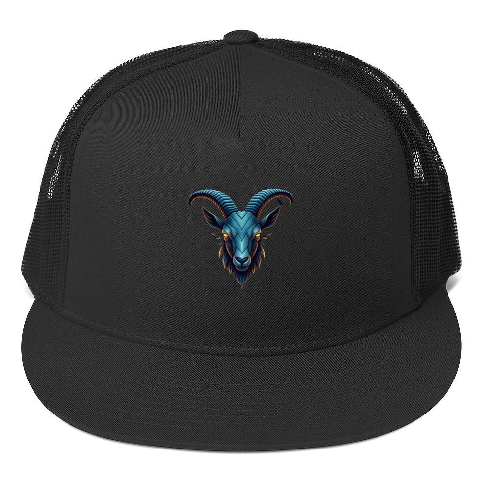 Thumbnail: Black cap with a stylized goat illustration Thinking Cap Co.