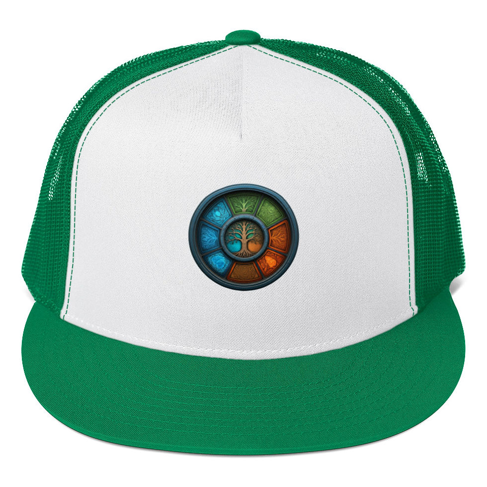 Thumbnail: Green and white cap with colorful design, Thinking Cap Co logo.