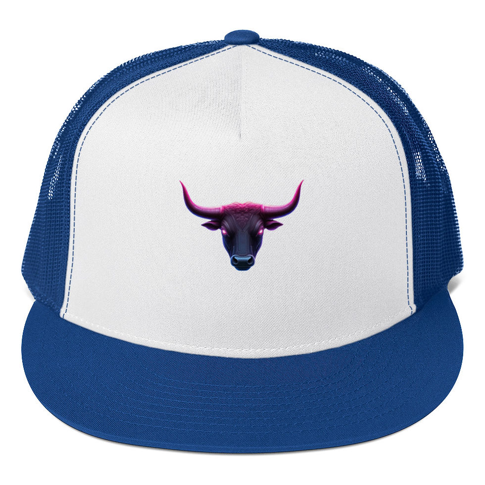 Thumbnail: Blue and white trucker hat with a bull head logo.