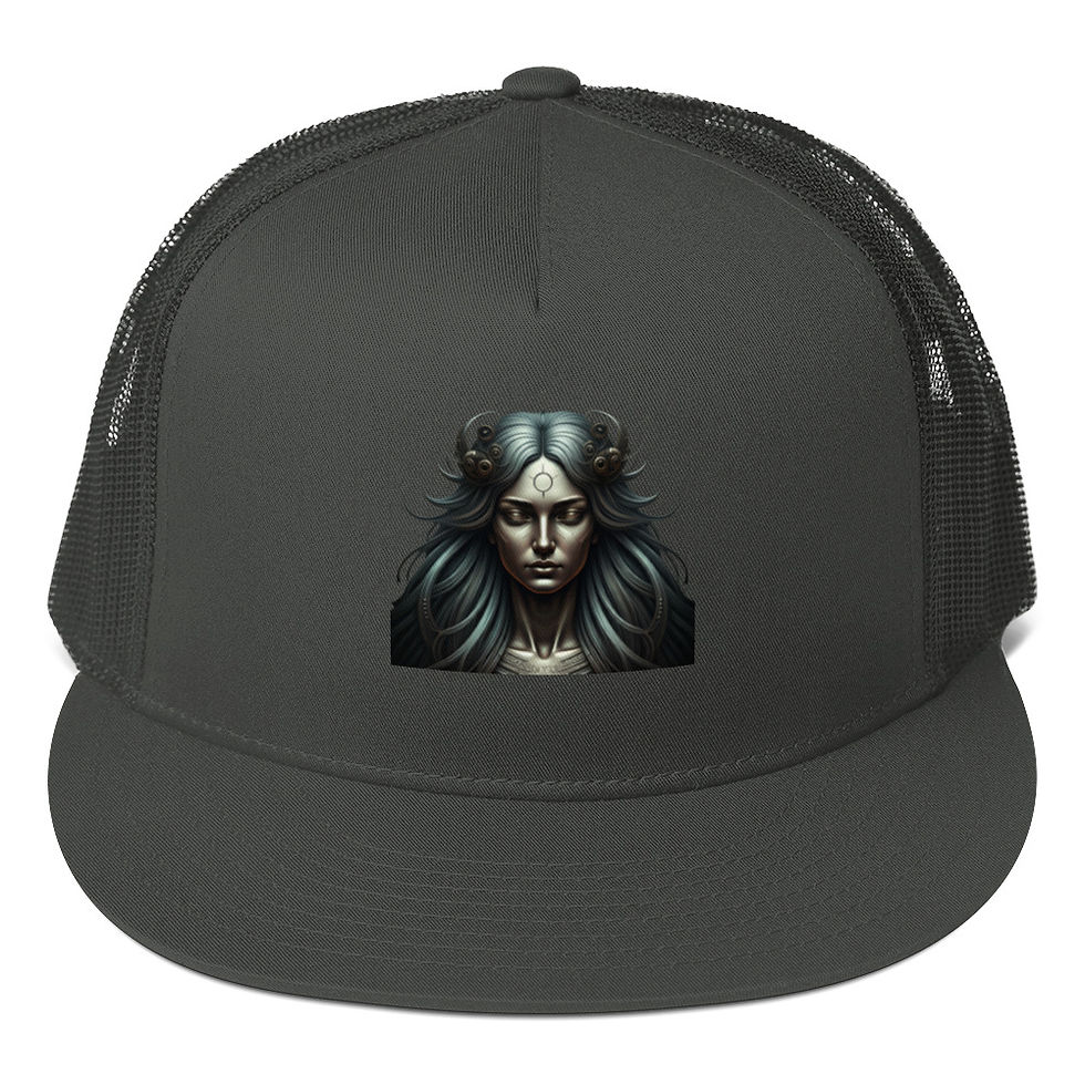 Thumbnail: Dark gray cap featuring a mysterious woman illustration; Thinking Cap Co.