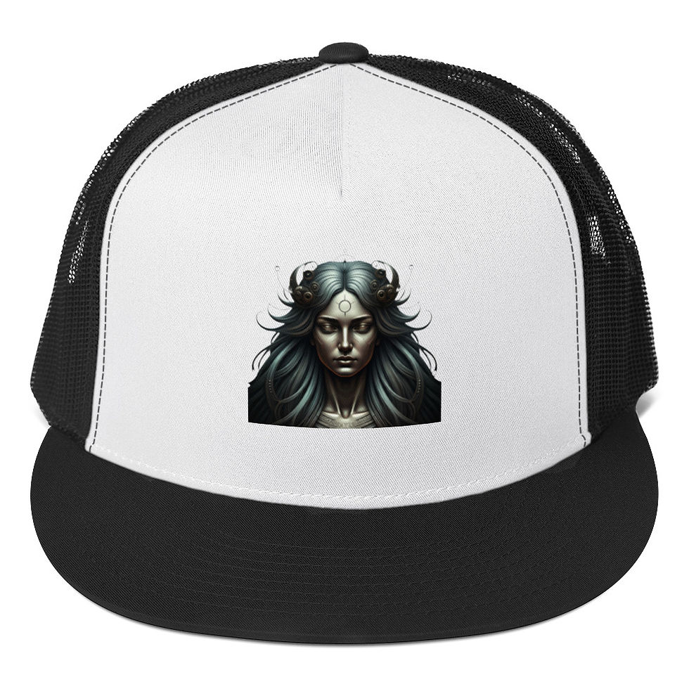 Woman's face art on a black and white trucker hat. Thinking Cap Co.