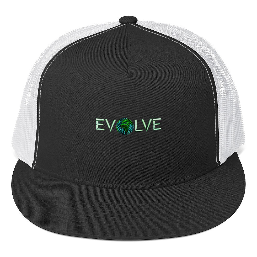 Black and white cap with "EVOLVE" text that includes globe logo. Thinking Cap Co.