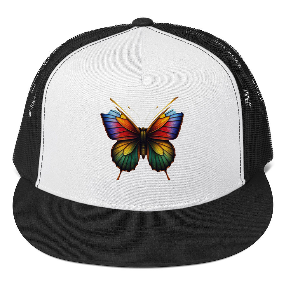 Thumbnail: Black and white trucker hat with colorful butterfly Thinking Cap Co.
