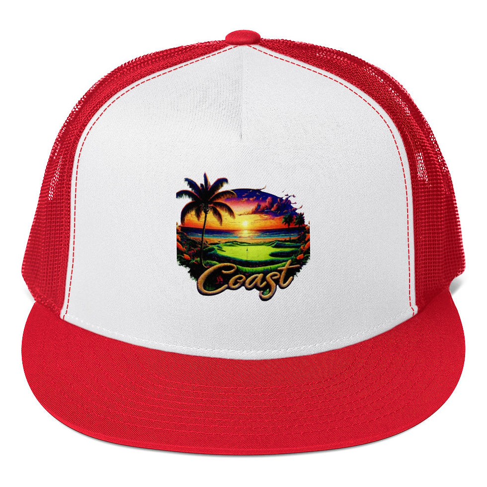 Thumbnail: Red and white trucker hat with Coast graphic, sunset and palm tree.