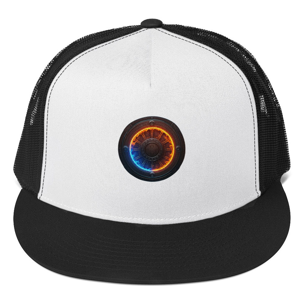 Thumbnail: Black and white trucker hat with orange and blue circular design.