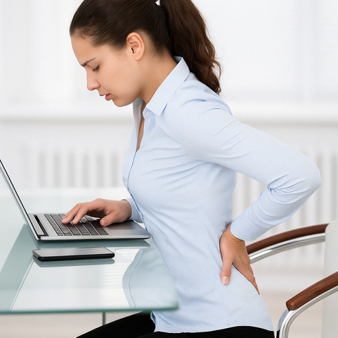 Person sitting hunched at a desk with visible tension in neck and shoulders – great example of neck and shoulder pain common among Austin desk workers.