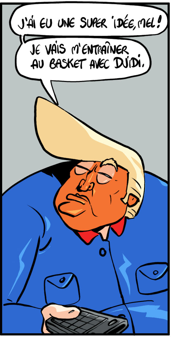 Mini-histoire de BD en mode caricature politique, de Donald Trump qui se remet au basket pour arriver au niveau de Obama.