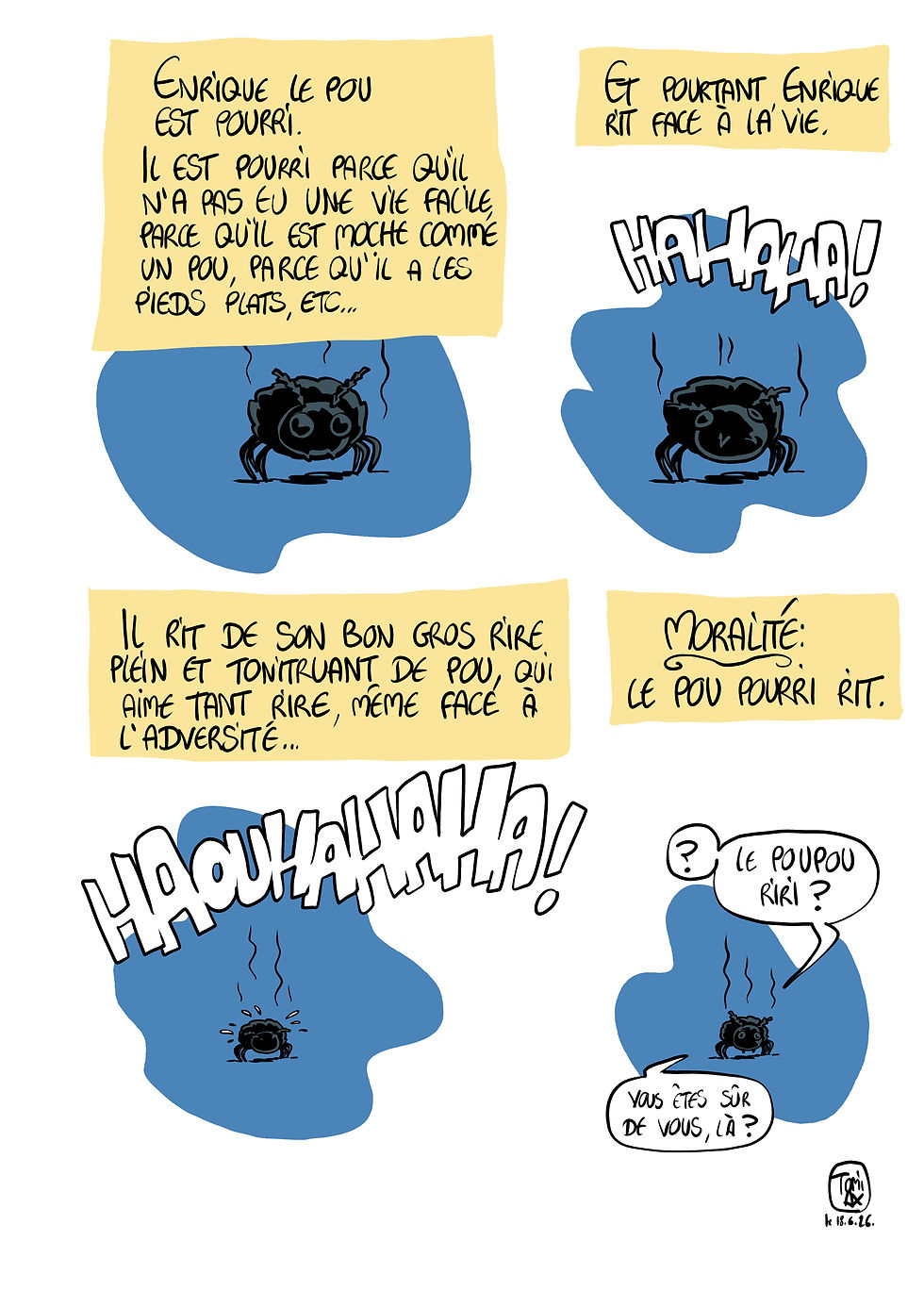 Une page de bd avec un pou rieur comme personnage principal