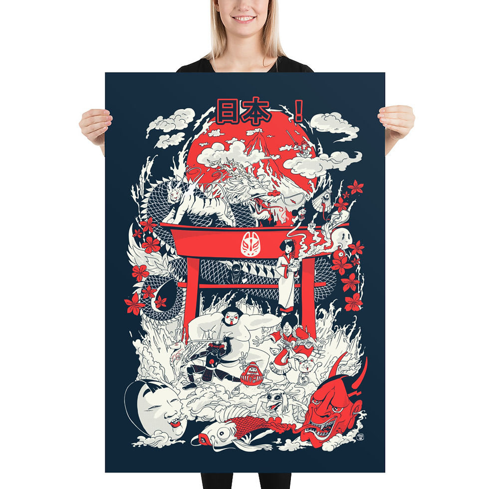 Miniature : Poster japonais par Tomi Ax, avec des éléments traditionnels : sumos, okami, geishas, dragon, porte shinto, théâtre Nô, etc.
